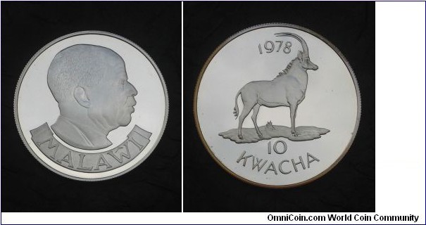 KM-16, 1978 Malawi 10 kwacha; silver, reeded edge, proof; conservation series, nice one with nice cameo, mintage 3,418 pieces.