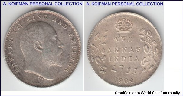 KM-505, 1904 British India 2 annas, Calcutta mint; silver, plain edge; about uncirculated, small impact on obverse and a tiny scratch on reverse, otherwise very nice lustrous coin.