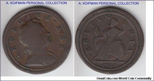 KM-557, 1723 Great Britain half penny; copper, plain edge; seems to be to be good fine.