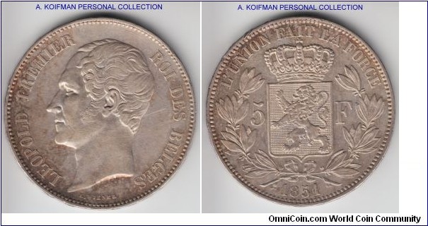KM-17, 1851 Belgium 5 francs; silver, lettered edge; 1851/0 and no dot variety, nice good extra fine, scarce in such condition.