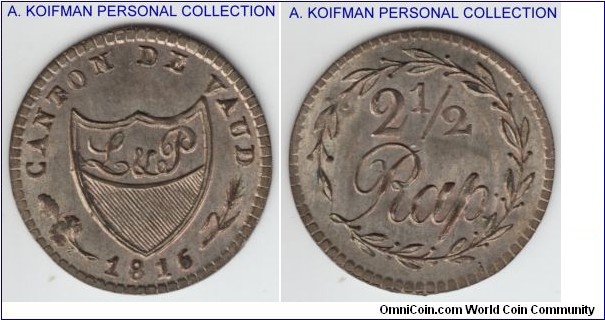 KM-18, 1816 Switzerland canton Vaud 2 1/2 rappen; billon, plain edge; extra fine plus (for billon), one year issue.