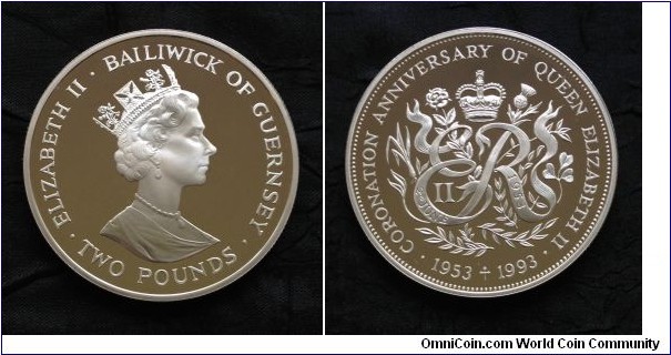 KM-55a, ND (1993) Guernsey 2 pounds; proof, silver, reeded edge; bright cameo, est. mintage 10,000 commemorating 40'th anniversary of coronation.
