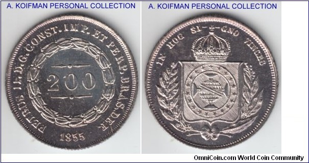 KM-469, 1855 Brazil 200 reis; silver, reeded edge; spikes on the crown variety, looks to be uncirculated with bright mirror like fields, but multiple very light scratches on the surface, either from cleaning of the coin or from the cleaning of the dies.