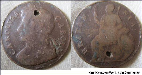 1673 or 5 Halfpenny, no Obverse stops sadly holed