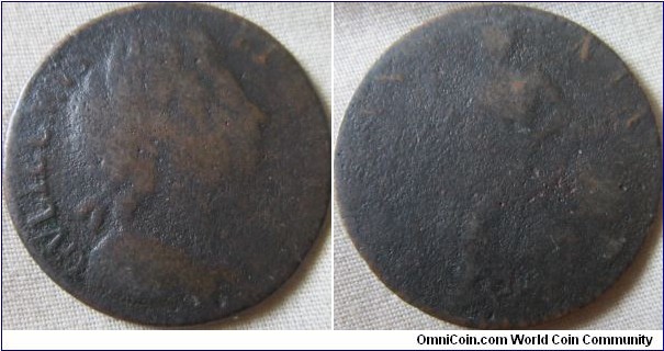1694 halfpenny, very worn
