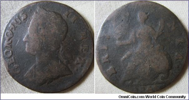 low grade 1742 halfpenny, possible die damage on obverse or contemporary counterfeit  