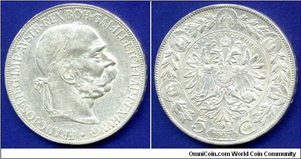 5 Coronas.
Austria-Hungary Empire.
Franc Ioseph I (1848-1916).
Mintage 1,539,000 units.


Ag900f. 24gr.