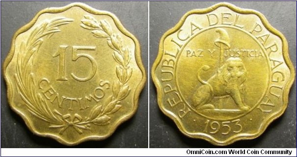Paraguay 1953 15 centimos. Nice coin other than a fingerprint. Weight: 3.89g