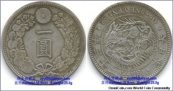 1890 Japan’s 1 Yen Dragon Silver Coin. Obverse: [Kanji or Japanese ideograph] One Yen, circled with a wreath of sakura or Japanese cherry); Reverse: 416. ONE YEN. 900 /[Kanji or Japanese ideograph] 23nd Year of Meiji. Japan. -spiral on pearl with a dragon in curling in clockwise direction from the center.大日本明治二十三年一圆银币