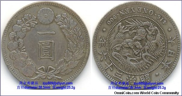 1903 Japan’s 1 Yen Dragon Silver Coin. Obverse: [Kanji or Japanese ideograph] One Yen, circled with a wreath of sakura or Japanese cherry); Reverse: 416. ONE YEN. 900 /[Kanji or Japanese ideograph] 36th Year of Meiji. Japan. -spiral on pearl with a dragon in curling in clockwise direction from the center.大日本明治三十六年一圆银币