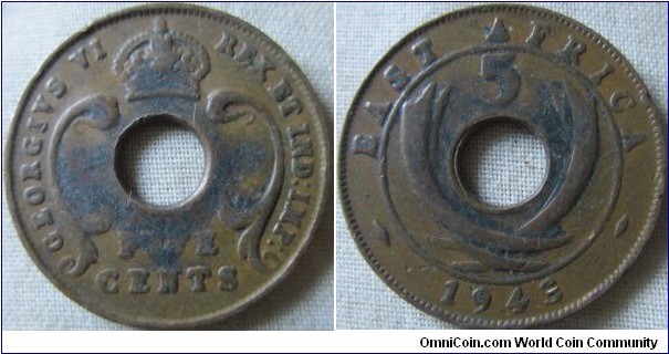 low grade 1943 East Africa 5 cents