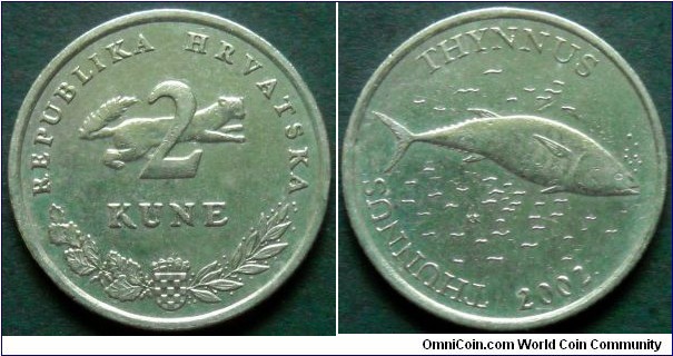 Croatia 2 kune.
2002, Cu-ni zn.
Latin text - Thunnus thynnys (Tuna) 
Weight; 6,2g.
Diameter; 24,5mm.
Mintage: 1.000.000 pieces.
