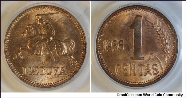1936 1 centas PCGS 65RD