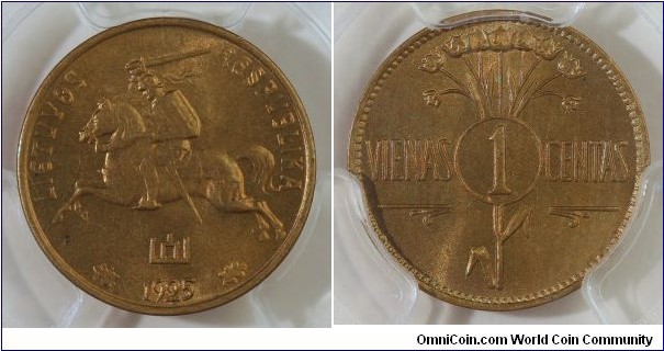 1925 1 centas PCGS 67