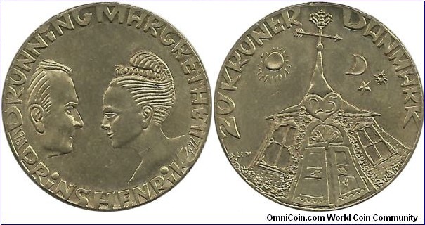 Denmark 20 Kroner 1992 - Silver Wedding Anniversary of Queen Margrethe and Prince Henrik