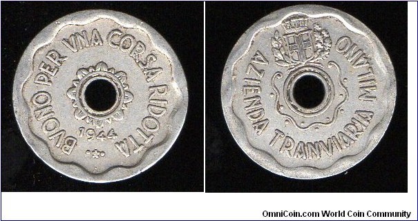 1944 Italy Azienda Tranviaria Milano Buono per una corsa ridotta Milan Tram token
