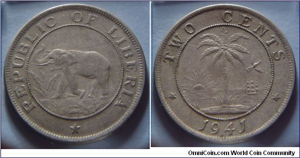 Liberia | 
2 Cents, 1941 | 
29.05 mm, 8.24 gr. | 
Copper-nickel | 

Obverse: Elephant facing left | 
Lettering: * REPUBLIC OF LIBERIA | 

Reverse: Palm tree, denomination above, date below | 
Lettering: * TWO CENTS * 1941 |