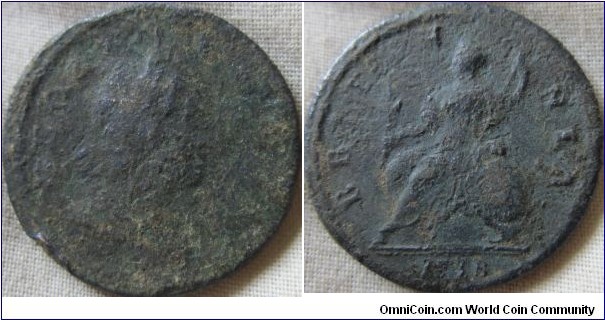 1718 dump issue halfpenny, bad corrosion on obverse