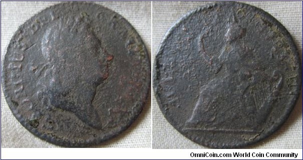 1723 Irish halfpenny, corrosion damage