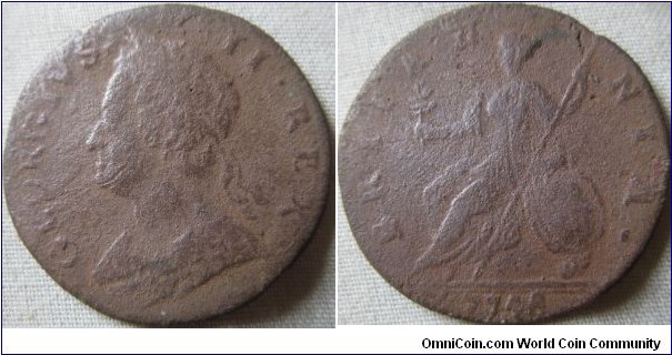 1748 halfpenny, great detail but corroded