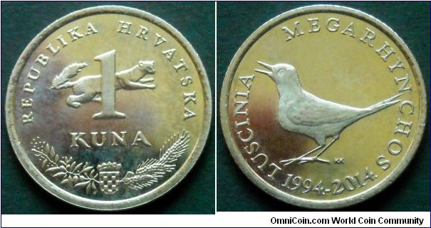 Croatia 1 kuna.
2014, 20th Anniversary of Kuna currency.
Latin text - Luscinia Megarhynchos (Nightingale)
Cu-ni-zn.
Weight; 5g.
Diameter; 22,5mm.

