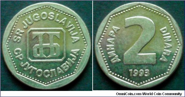 Yugoslavia 2 dinara 
(October dinar)
Cu-zn-ni.
Weight; 3,8g.
Diameter; 20mm.
Mintage: 10.263.000 pieces.