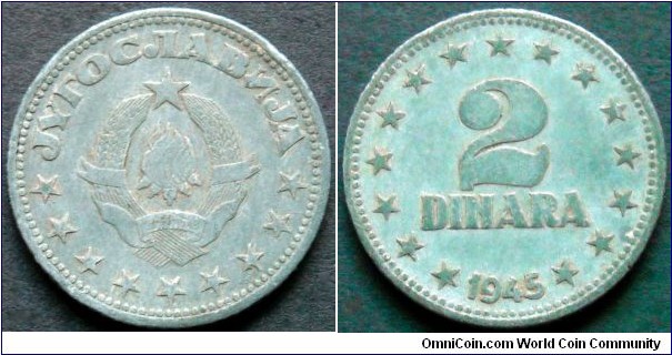 Yugoslavia 2 dinara.
1945, Zinc.
Weight; 3g.
Diameter; 22mm.
Mintage: 70.000.000 pieces.