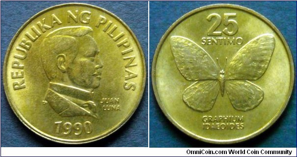 Philippines 25 sentimo.
1990, Brass.
Weight; 3,9g.
Diameter; 21mm.