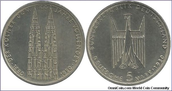 Germany-West 5 DeutscheMark 1980F - 100th Anniversary of Cologne Cathedral