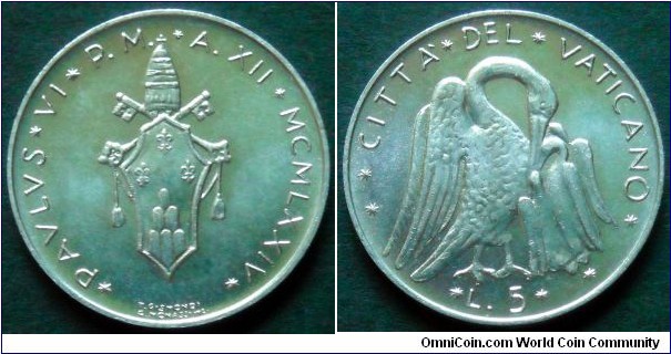 Vatican 5 lire.
1974, Pontif. Paulus VI