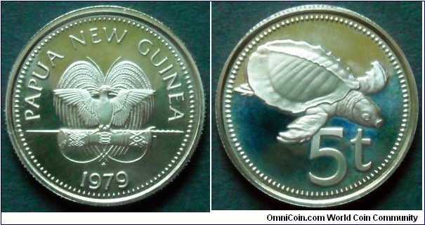 Papua New Guinea 5 toea. 1979, Proof from Franklin Mint.
Cu-ni. Weight; 2,83g.
Diameter; 19,53mm.
Mintage: 2728 pieces.