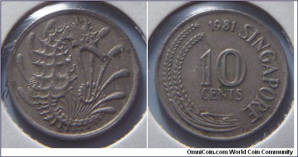 Singapore | 
10 Cents, 1981 | 
19.41 mm, 2.83 gr. | 
Copper-nickel | 

Obverse: Crowned seahorse | 

Reverse: Two rice ears, denomination right, date above | 
Lettering: 1968 SINGAPORE 10 CENTS |