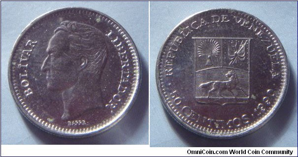 Venezuela | 
50 Céntimos, 1990 | 
20 mm, 3.2 gr. | 
Nickel clad Steel | 

Obverse: Simón Bolívar facing left | 
Lettering: BOLÍVAR LIBERTADOR | 

Reverse: National Coat of Arms, date and denomination below | 
Lettering: • REPÚBLICA DE VENEZUELA • 50 CENTIMOS • 1990 | 