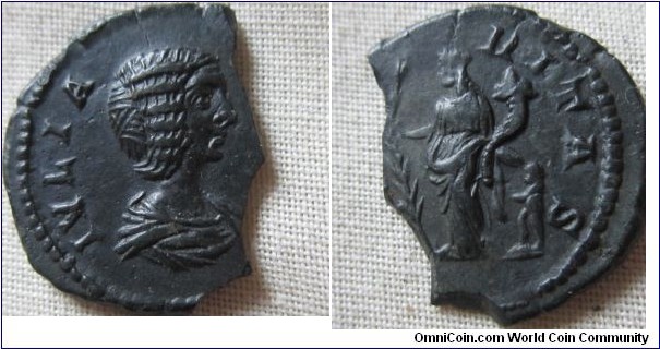 Julia Donma denarius, reverse Hilaritas standing left, holding palm and cornucopiae; two children flanking superb detail but broken
