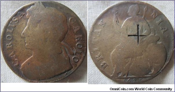 1673 halfpenny, obverse no stops,Rated ER by peck
sadly some graffiti on the reverse 