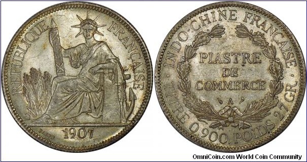 French Indochina, Piastre, Paris mint. PCGS AU58.