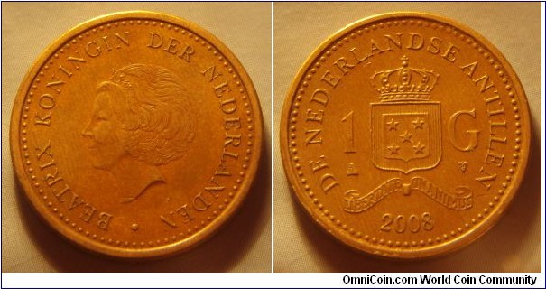 Netherlands Antilles | 
1 Gulden, 2008 | 
24 mm, 6 gr. | 
Aureate Steel | 

Obverse: Queen Beatrix facing left | 
Lettering: • BEATRIX KONINGIN DER NEDERLANDEN | 

Reverse: National Coat of Arms divides denomination, date below | 
Lettering: DE NEDERLANDSE ANTILLEN 1 G 2008 |