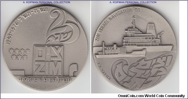 Sheqel-81.3, IGCMC-26022452 Israel 1970 silver medal, ZIM anniversary; 935 silver, 45 mm, 47 gr; STATE OF ISRAEL in English and Hebrew on the edge, as well as STERLING 935 and silver in Hebrew, burnished surfaces, uncirculated, commissioned to IGCMC, mintage 6,789.