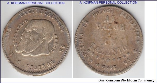 KM-145, 1865 Bolivia 1/2 melgarejo; silver, reeded edge;  short beard variety, high positioned central part; very fine or so, cleaned
