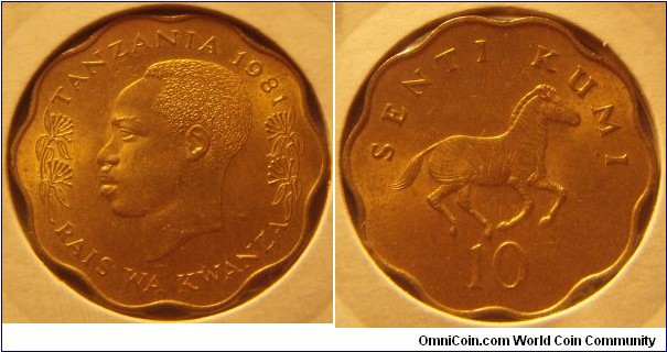 Tanzania | 
10 Senti, 1981 | 
25 mm, 5.03 gr. | 
Nickel-brass | 

Obverse: The first president of Tanzania, Julius Nyerere, facing left flanked by flowers, date above |  
Lettering: TANZANIA 1981 RAIS WA KWANZA | 

Reverse: Prancing zebra facing right, denomination below | 
Lettering: SENTI KUMI 10 |