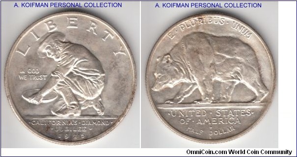 KM-155, 1925 United States of America half dollar, California diamond jubilee; silver, reeded edge; nice uncirculated, few toning spots but bright natural luster.