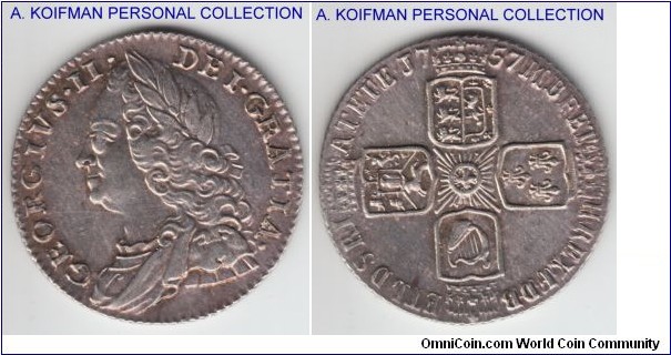KM-582.2, 1757 Great Britain 6 pence; silver, slanted reeded edge; extra fine but cleaned.