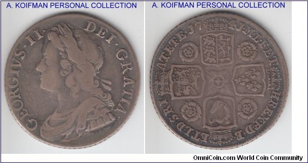 KM-561.4, 1741 Great Britain shilling; silver, slant reeded edge; good fine or better, nice gunmetal toning.