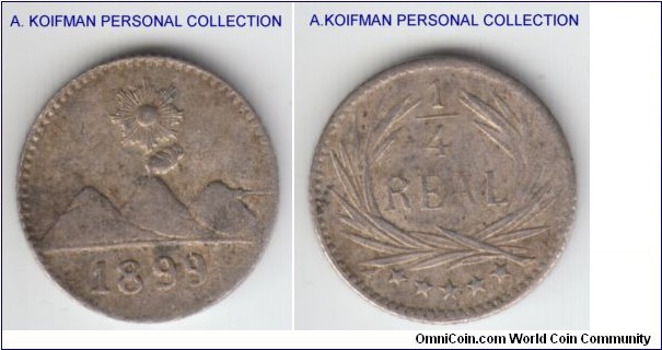 KM-162, 1899 Guatemala 1/4 real; silver, reeded edge; good extra fine, tiny coin, probably smallest modern coin I've seen, small mintage of 80,000.