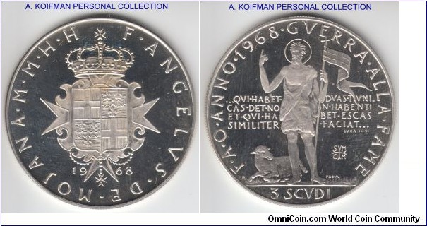 KM-X26, 1968 Military Order of Malta 3 scudi; reeded edge, silver; cameo proof FAO commemorative prova.