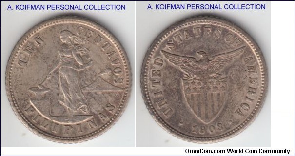 KM-165, 1903 Philippines 10 centavos, Manila mint (no mint mark); silver, reeded edge; about uncirculated with better obverse, lots of luster under surface toning.