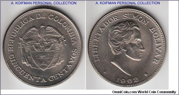 KM-217, 1962 Colombia 50 centavos; coper-nickel, reede edge; high quality brilliant uncirculated.