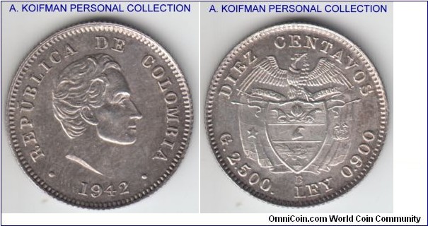 KM-196.1, 1942 Colombia 10 (diez) centavos, Bogota mint (B mint mark); silver, reeded edge; look to be uncirculated but minted with the freshly cleaned dies.