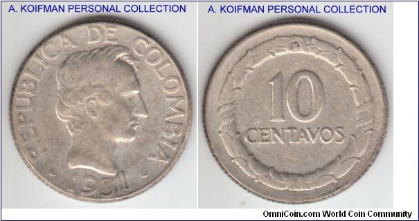 KM-207.2, 1951 Colombia 10 centavos, Bogota mint (B mint mark); silver, reeded edge; crudely struck, seems to be about uncirculated but minute contact marks and wear all over the coin, this is possibly 1951/5 variety, but very faint trace of top bar of 5.
