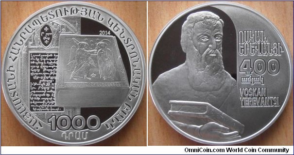 1000 Dram - 400 years of the birth of Voskan Yerevantsi - 33.6 g 0.925 silver Proof - mintage 500 pcs only